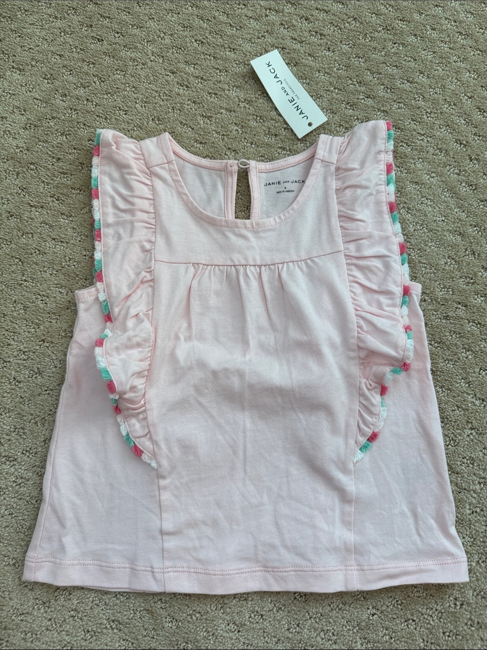 Janie and Jack Light Pink Ruffle Tank with Multicolor Trim